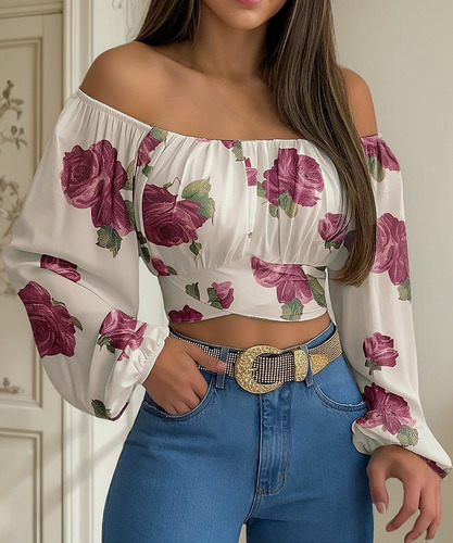 Top Corto Fruncido Con Hombros Descubiertos For Mujer
