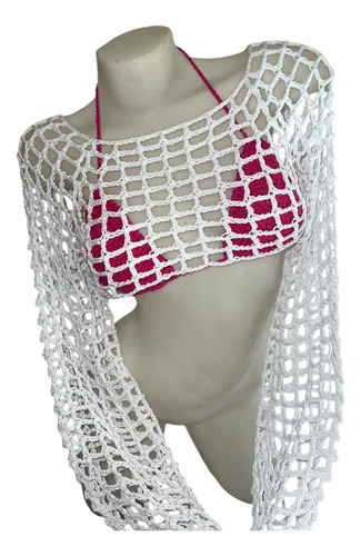 Crop Top Con Manga Larga Crochet Manguitas Hilo Verano