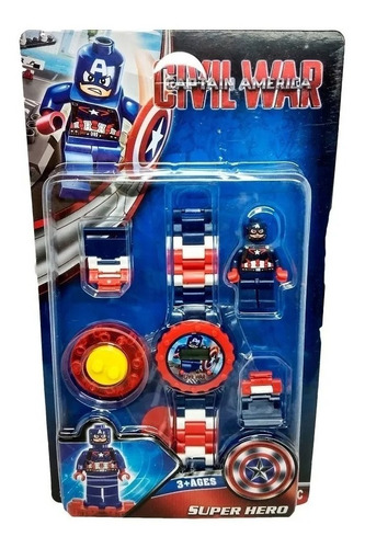 Relógio Digital Infantil  + Mini Boneco Capitão América Cor Da Correia Azul/branco/vermelho