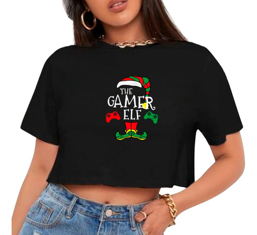 Cro Top Para Damas Estampada Diseño Navidad Elfo El Gamer 