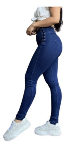 Jeans Trenzado A Los Laterales Modelo Pitillo Azul Marino Liso 38