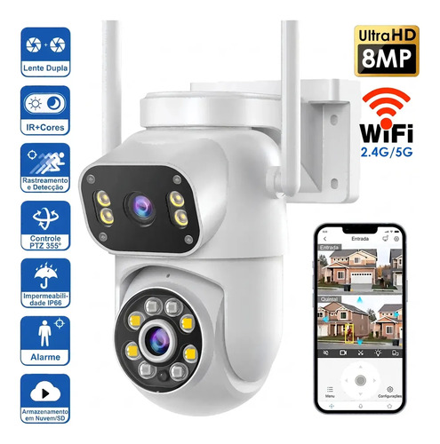 Câmera de vigilância externa Mvpsmart 360° PTZ Wi-Fi 8 MP Full HD - Alarme sonoro/luz, detecção de movimento, visão noturna IP66, áudio b...