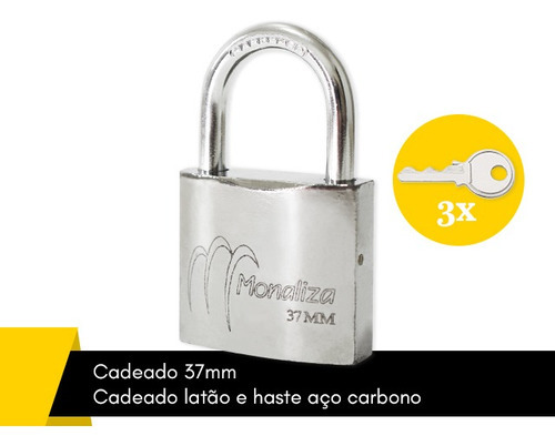 Cadeado Latão 37mm Haste Longa Portão Porta C/ 3 Chaves Cor Prateado