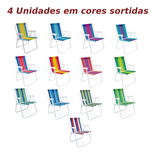 Kit Carrinho De Praia Com Avanço + 4 Cadeiras De Praia Aço
