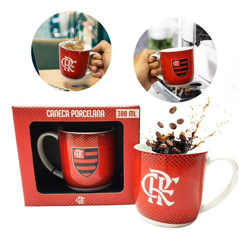 Caneca Porcelana Vermelha 300ml Sigla Crf Time Flamengo Selo