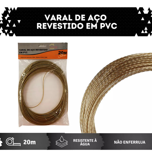 Cabo De Aço Para Varal 10m Revestido Em Pvc Resistente