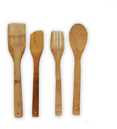 Kit 4 Piezas Cuchara Tenedor Utensilios De Madera Mediano