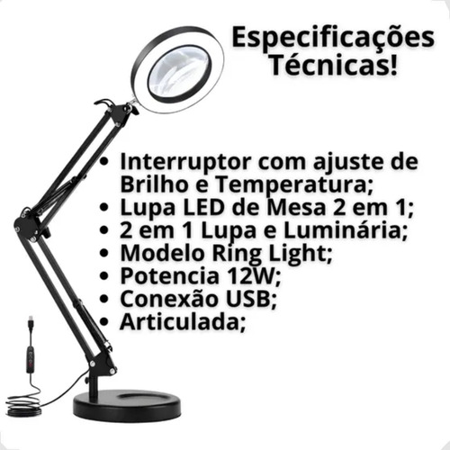 Luminaria Lupa Estética Thevisionaries Ring Light Articulada Mesa Bancada Garra Aumento 5X Lash Designer Esteticista Manicure Extensionista Cílios Iluminação Técnico Eletrônica Maquiadora Relojoeiro