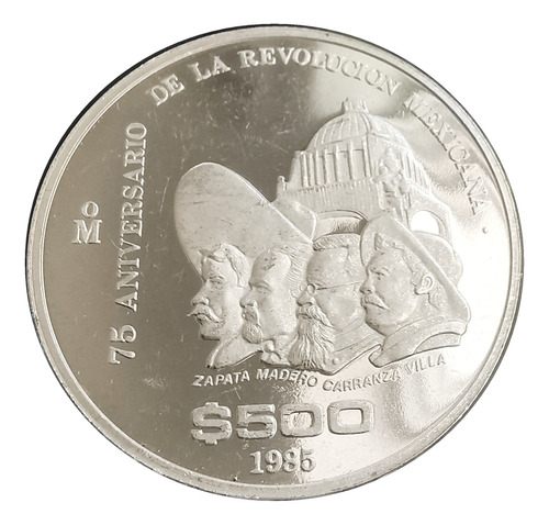 Moneda De Plata Proof  500 Pesos 75 Aniv Rev Mexicana 1985
