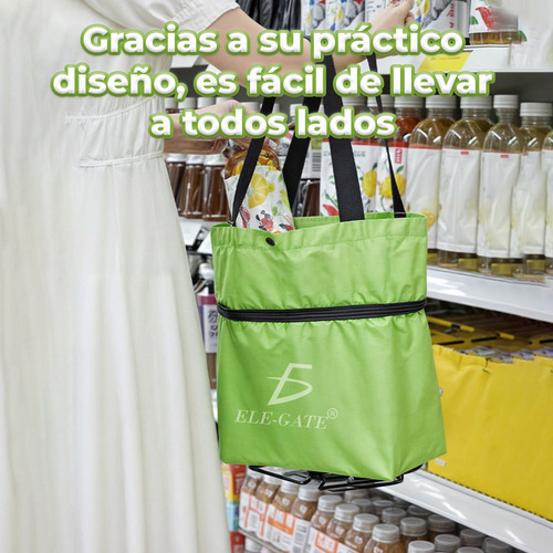 Carrito Compras 2 En 1 Bolsa Plegable Ruedas 25 L Capacidad Multifuncional Color Verde Ele-Gate