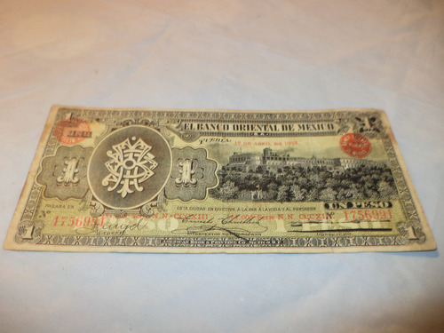 Billete Un Peso. Banco Oriental De México. Puebla. 1914 (Usado)