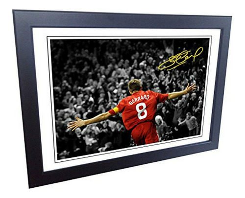 Firmado 12x8 Negro Steven Gerrard Del Liverpool Fc De Fútbol