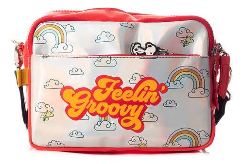 Handbag Feelin Groovy Peanuts Acabado De Los Herrajes Alta Calidad Color Azul Claro Correa De Hombro Negro Diseño De La Tela Lisa