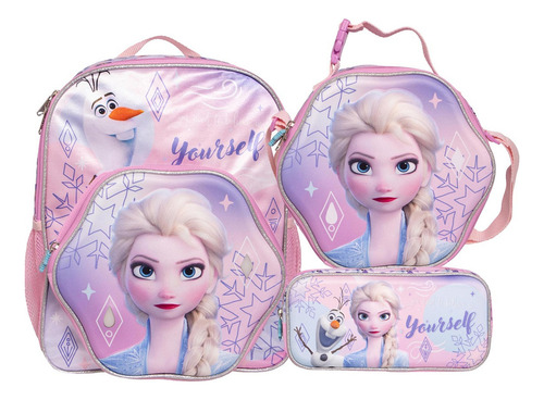 Kit Mochila Frozen Lonchera Lap Original Ruz Con Luz Kinder Rosa Rosa