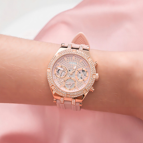 Relógio para mulheres da marca Guess Model Heiress Strap Color: rosa, cor do bisel, ouro rosa, cor de fundo, ouro rosa