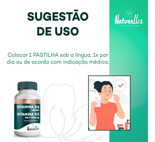 Vitamina D3 1.000ui + K2 Mk7 100mcg 120 Pastilhas Sublingual