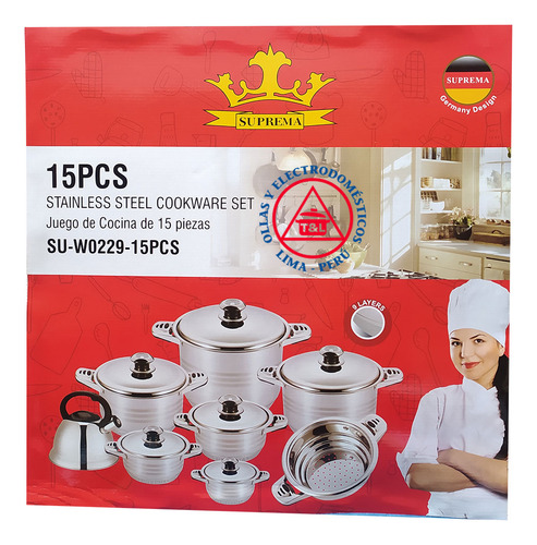 Juego De Ollas Acero Quirurgico Suprema 15 Pcs Con Vaporera