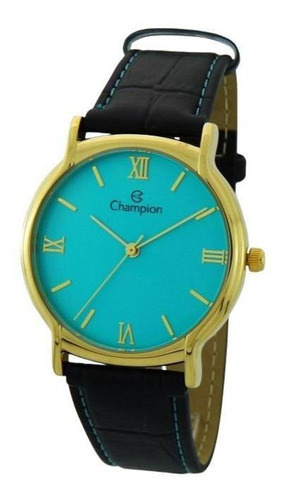 Relógio Champion Feminino Couro Original Ch22206f Cor da correia Preto Cor do bisel Dourado Cor do fundo Azul-turquesa