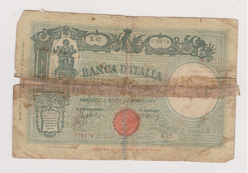 Billete Italia 50 Liras Año 1944 Malo/reparado 