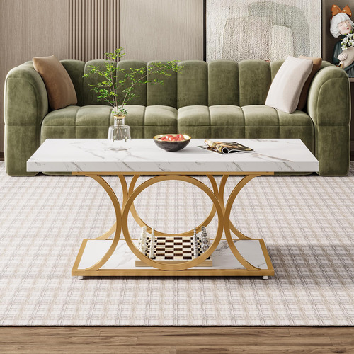 Mesa Auxiliar Rectangular 120 Cm Madera Mármol 2 Niveles