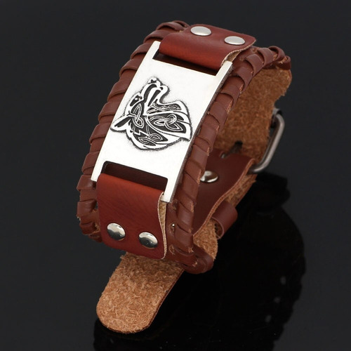 Pulsera Brazalete Cuero Slavo Lobo Odin Vikingo Para Hombre