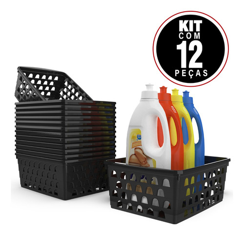 Kit 12 Cestos Organizador Multiuso Grande Preto Uninjet