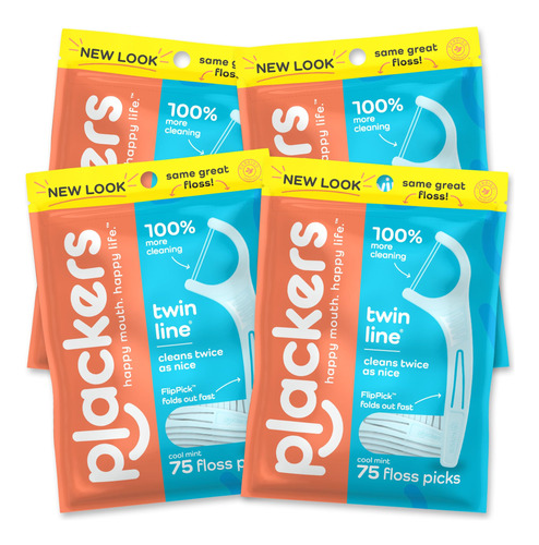 Plackers Twin-line Dental Floss Picks, 75 Count (pack Of 4)