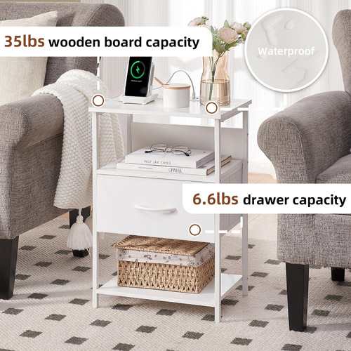 Mesita De Noche Blanca Con Carga Y Luz Led Para Dormitorio