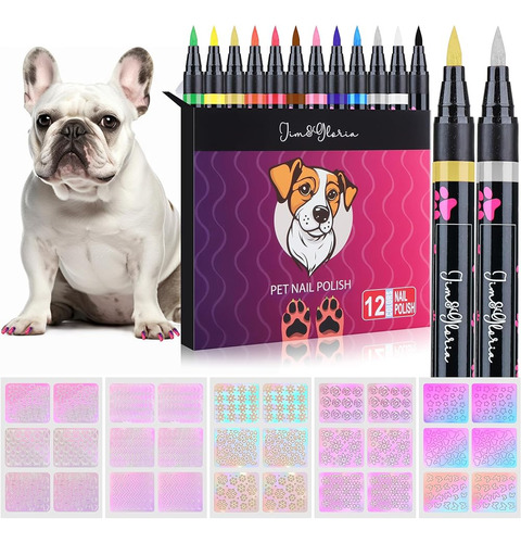 Jim & Gloria Dog Nail Polish Pen Set 12 Colores + Plantillas