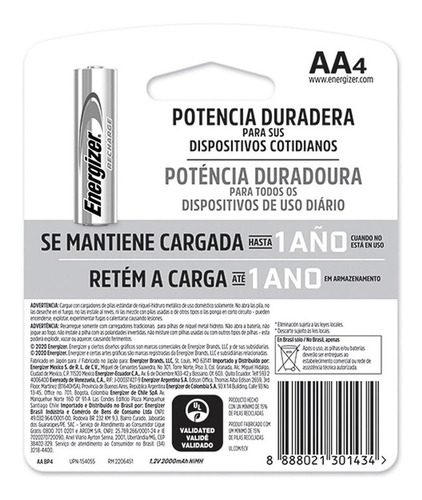Pilas Recargables Energizer Aa 2000 Mah Blister 4 Unidades