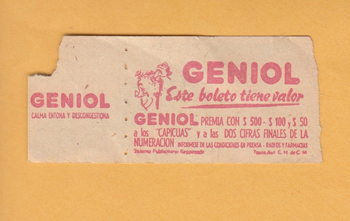 Uruguay Publicidad Geniol Antiguo Boleto De Cutcsa Vintage