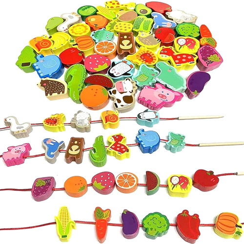 Intsinzi 46 Pcs Montessori Wooden Lacing Beads Toys Para Niñ