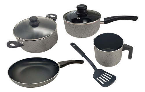 Bateria Cocina Set 7 Piezas Cacerola Olla Sarten Jarro Gris 