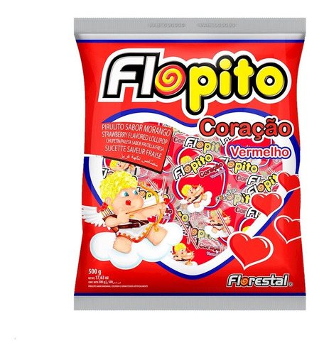 Pirulito Coração Flopito Pacote C/50 Unidades - Florestal