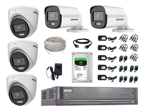 Cámaras Seguridad Kit 5 Hikvision 5mp Colorvu Noche Color