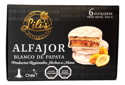 Alfajor Premium Choc. Blanco Papaya Lili´s, 06 Un, 300 Gr.