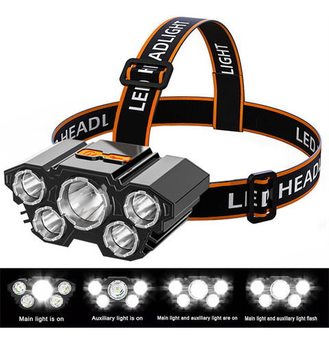 // Faro Led De 5 Cabezales, Recargable Por Usb, Luz Alta De