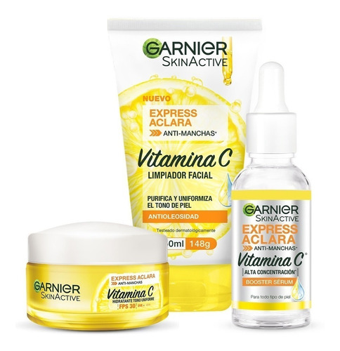 Garnier express aclara vitamina c kit serum antimanchas crema hidratante y gel limpiador facial