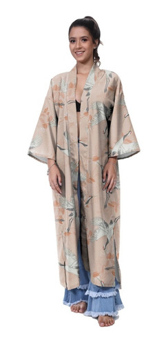 Kimono Haori Casaco Longo Oni Cisne Floral Japão Onda Mar