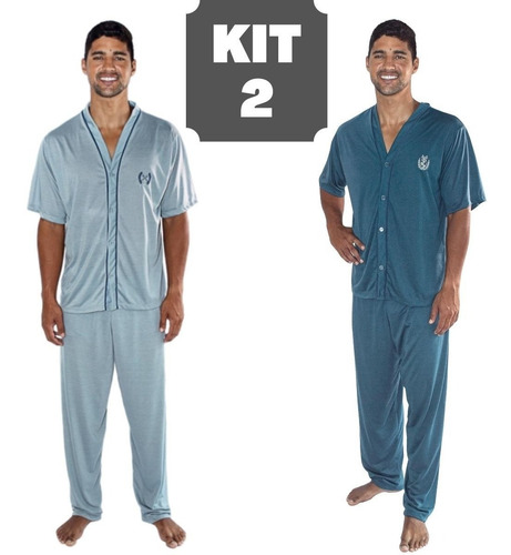 Imagem 1 de 8 de Kit 2 Pijamas Meia Manga Curta Botão Calça Inverno Adulto