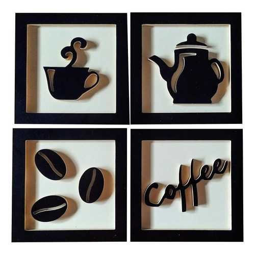 Kit 4 Quadros Decorativos Cantinho Do Café 3d Preto E Branco