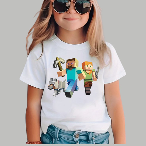 Playera Infantil Minecraft Steve Y Alex Con Lobo Comodidad