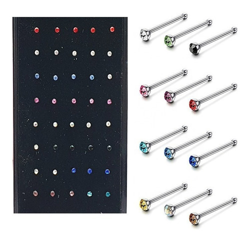 40 Piercing Para Nariz Rectos Con Cristales De Colores Acero