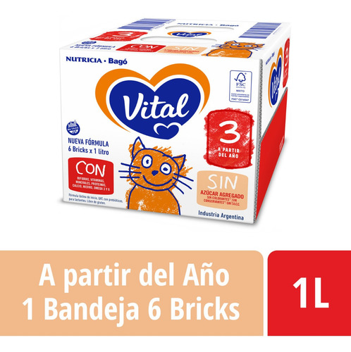 Imagen 1 de 3 de Vital 3 - Pack X 6 Bricks 1lt. Leche Líquida Infantil.