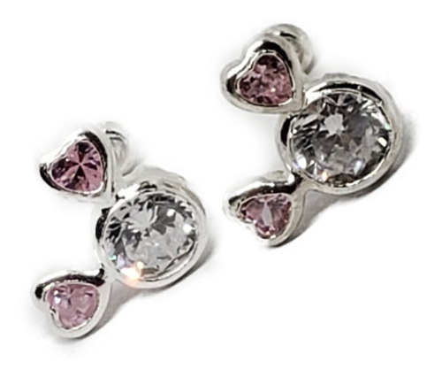 Aretes De Niña Mouse De Plata 925 +zirconia Rosa Mi6