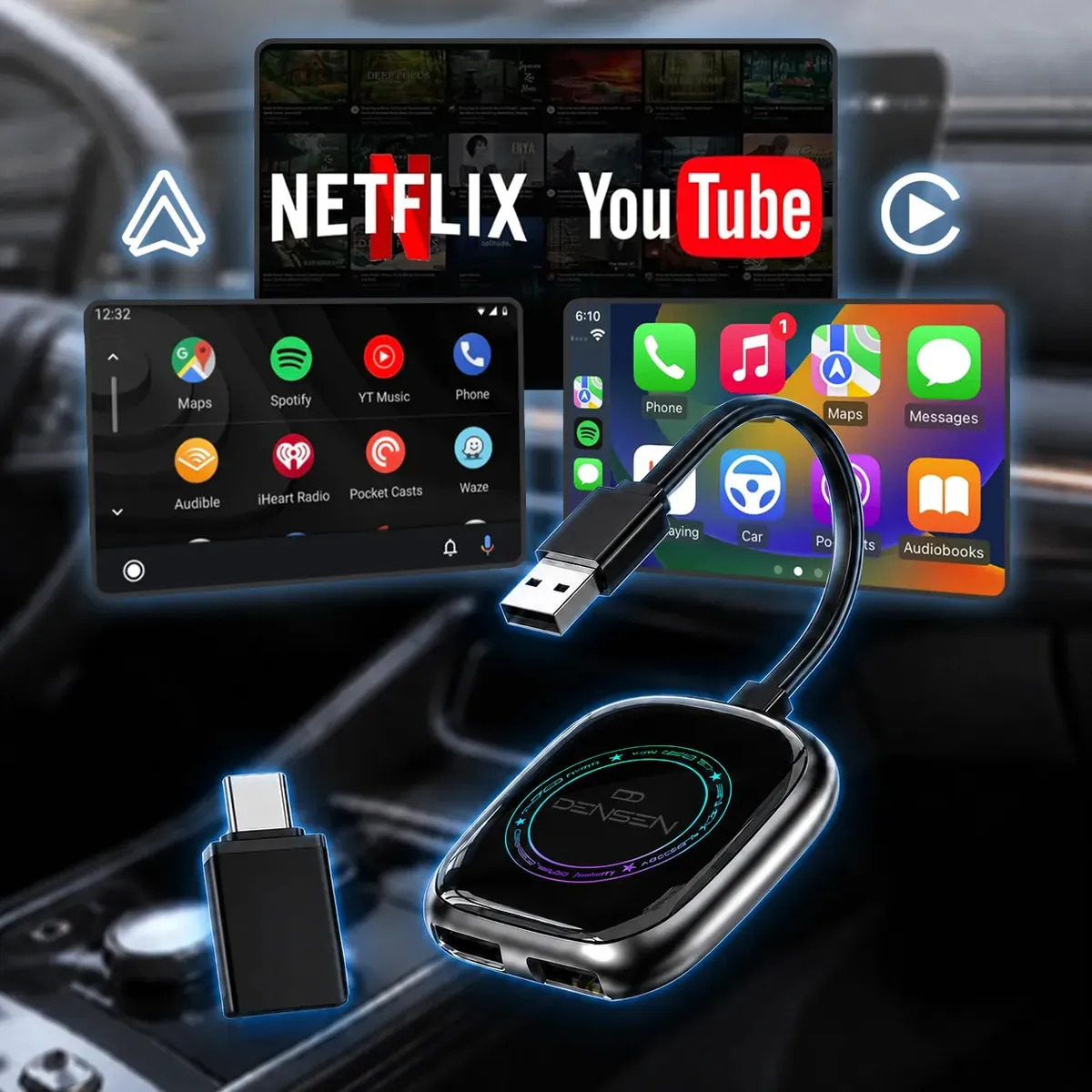 Carplay Streaming Box Libera Youtube Netflix Videos Android Auto Car Play 4x1 Sem Fio