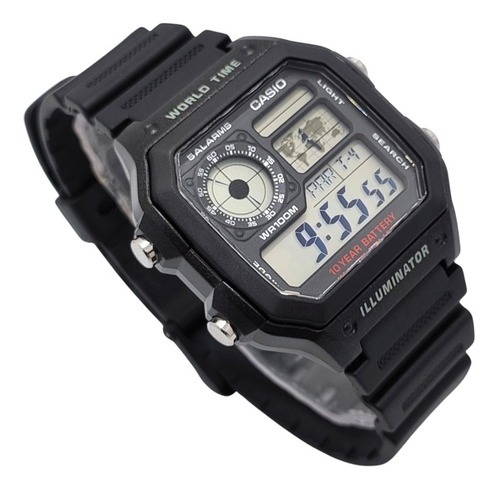 Reloj de pulsera Casio Digital AE-1200 de cuerpo color negro, digital, fondo gris, con correa de resina color negro, dial negro, subesferas color gris y negro, minutero/segundero negro, bisel color negro y hebilla simple