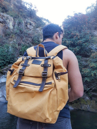 Mochila Lona Algodon Repele Agua C/cuero San Roman 20 L.