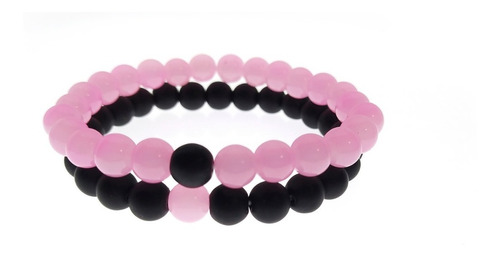 Par Pulseras Mujer Piedra Natural Cuarzo Rosa Onix Negro