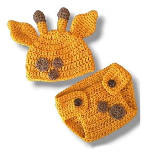 Gorro Y Pañalero Tejido A Crochet Jirafita 0-6 M 